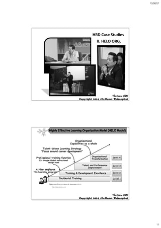 15/06/57
11
HRD Case Studies
II. HELO ORG.
The NewThe New HRDHRD
CopyrightCopyright 20142014 :: Dr.DanaiDr.Danai ThieanphutThieanphut
Talent-driven Learning Strategy
“Focus around career development”
Organizational
Capabilities as a whole
Professional training function
Ex: Google-Global instructional
design team
Focus around career development
Talent and Performance
Improvement
Level 2
Organizational
Transformation
Level 3
Training & Development Excellence
Level 4
A New employee
“On boarding program”
Incidental Training
•พัฒนาและปรับมาจาก Bersin & Associates (2012).
http://www.bersin.com
Level 1
The NewThe New HRDHRD
CopyrightCopyright 20142014 :: Dr.DanaiDr.Danai ThieanphutThieanphut
 