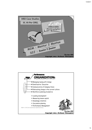 15/06/57
18
เวทีนี้ตองการพี่เลี้ยง
(Mentoring System)
HRD Case Studies
III. Hi‐Per ORG.
g y )
The NewThe New HRDHRD
CopyrightCopyright 20142014 :: Dr.DanaiDr.Danai ThieanphutThieanphut
Managing/coping with change
InnoCreative Execution
Communication of Company Vision
Embracking change in the current culture
Workforce planning & analytics
 Leading development
 Measuring human capital
 Knowledge retention
 Succession planning
 Performance Management
*ปรับจาก 1-4 CP’s 2013 Critical Human Capital Issued Survey
The NewThe New HRDHRD
CopyrightCopyright 20142014 :: Dr.DanaiDr.Danai ThieanphutThieanphut
 