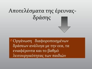 Αποτελέσματα της έρευνας-
δράσης
O Οργάνωση διαφοροποιημένων
δράσεων ανάλογα με την εεα, τα
ενιαφέροντα και το βαθμό
λειτουργικότητας των παιδιών
 