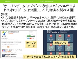 “オープンデータ・アプリ”という新しいジャンルが生ま
れてきた（データは公開し、アプリは非公開or公開）
2014/06/22 CC-BY Tetsuro Toyoda
【特徴】
・アプリを宣伝するために、データをオープンに開示（LinkDat...