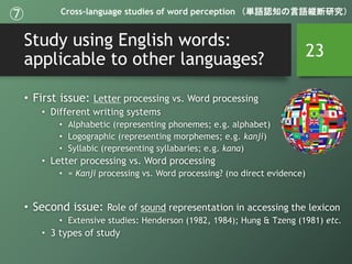Study using English words:
applicable to other languages?
• First issue: Letter processing vs. Word processing
• Different writing systems
• Alphabetic (representing phonemes; e.g. alphabet)
• Logographic (representing morphemes; e.g. kanji)
• Syllabic (representing syllabaries; e.g. kana)
• Letter processing vs. Word processing
• = Kanji processing vs. Word processing? (no direct evidence)
• Second issue: Role of sound representation in accessing the lexicon
• Extensive studies: Henderson (1982, 1984); Hung & Tzeng (1981) etc.
• 3 types of study
23
Cross-language studies of word perception （単語認知の言語縦断研究）⑦
 