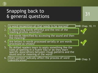 Snapping back to
6 general questions
1. Is word recognition all that needs to be learned?
2. Is identifying words effortful and the rest of the
reading process automatic?
3. Are words identified by accessing the sound and then
the meaning?
4. Are letters in words processed serially or are words
processed as wholes?
5. Do skilled readers learn to apply something like the
rules of spelling in a fluent way or do they learn
specific associations between visual patterns and the
sound and/or meaning of the word?
6. Does context radically affect the process of word
identification?
Chap. 10, 11
Chap. 5
31
⑨
 