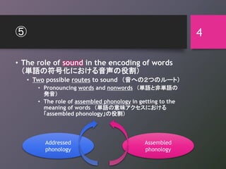 ⑤
• The role of sound in the encoding of words
（単語の符号化における音声の役割）
• Two possible routes to sound （音への２つのルート）
• Pronouncing words and nonwords （単語と非単語の
発音）
• The role of assembled phonology in getting to the
meaning of words （単語の意味アクセスにおける
「assembled phonology」の役割）
4
Addressed
phonology
Assembled
phonology
 