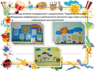 Детский сад активно сотрудничает с родителями. Родители получают
необходимую информацию о деятельности детского сада через уголки
информации для родителей
 