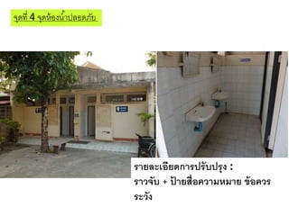 จุดที่ 4 จุดห้องน้าปลอดภัย
รายละเอียดการปรับปรุง :
ราวจับ + ป้ ายสื่อความหมาย ข้อควร
ระวัง
 