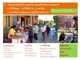 1. ปรับปรุงจุดให้บริการดอกไม้ และเสริมศักยภาพบุคลากร
การให้ข้อมูล / การให้บริการ / การสาธิต /
( การเสริมความรู้และแนวปฏิบัติแก่บุคลากร) กิจกรรม “ดอกไม้อายุยืน”
การให้ข้อมูลการสาธิตการให้บริการ
พื้นที่ไม่อานวย
ไม่มีป้ ายสื่อสาร
แนวทางปฏิบัติสาหรับ
นักท่องเที่ยวผู้สูงอายุ
มีข้อมูลมากมายที่น่าสนใจ
ถอดรหัสวัดภูมินทร์
เรื่องราวชุมชน ฯลฯ
เข้าถึงลาบาก-ยังไม่มีบริการ
พื้นที่ไม่อานวย
ไม่มีป้ ายสื่อสาร
มีศักยภาพในการบอกเล่าและแนะนา
แนวทางปฏิบัติสาหรับ
นักท่องเที่ยวผู้สูงอายุ
สิ่งที่ควรทา
บริการดอกไม้
สาธิต
มัคคุเทศก์
 