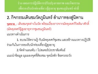 2. กิจกรรมเดินชมวัดภูมินทร์ สาเภาทองสู่นิพาน
จุดขาย - เดินชมจุดต่างในวัด พร้อมเรื่องราวจากมัคคุเทศก์กิตติมาศักดิ์
(มัคคุเทศก์ผู้สูงอายุจากชุมชนภูมินทร์)
แนวทางดาเนินการ
1. อบรมให้ความรู้ กับมัคคุเทศก์ชุมชน และสร้างแนวทางปฏิบัติ
ร่วมกันในการรองรับนักท่องเที่ยวผู้สูงอายุ
2.จัดทาแผนพับ / โปสเตอร์ประชาสัมพันธ์
แนะนาข้อมูล มุมมองจุดที่ต้องชม จุดนั่งพัก ข้อควรระวัง
ร่าง แผนการปฏิบัติการปรับปรุงกายภาพ และกิจกรรม
เพื่อรองรับนักท่องเที่ยว ผู้สูงอายุ ชุมชนภูมินทร์-ท่าลี่
 