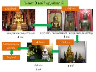 ไหว้พระ 9 องค์ ทาบุญเสริมบารมี
พระพุทธมหาพรหมอุดรศากยมุนี
4 องค์
วัดหัวข่วง
1 องค์
1 องค์
พระเจ้าหลวง / พระในธรรมมาส / พระพุทธนันทบุรีศรีศากยมุนี
3 องค์
1.วัดภูมินทร์
4.วัดน้อย 3.วัดหัวข่วง
5.พิพิธภัณฑสถาน
เมืองน่าน
วัดภูมินทร์
2. วัดช้างค้า
 