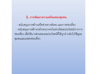 - สนับสนุนการสร้างเครือข่ายทางสังคม และการท่องเที่ยว
- สนับสนุนการสร้างกลไกครบวงจรในห่วงโซ่ผลประโยชน์จากการ
ท่องเที่ยว เพื่อให้บางส่วนของผลประโยชน์ที่ได้ถูกนากลับไปใช้ดูแล
ชุมชนและแหล่งท่องเที่ยว
1. การพัฒนาความพร้อมของชุมชน
 