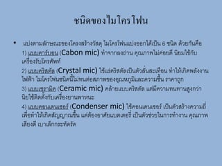 ชนิดของไมโครโฟน
• แบ่งตามลักษณะของโครงสร้างวัสดุ ไมโครโฟนแบ่งออกได้เป็น 6 ชนิด ด้วยกันคือ
1) แบบคาร์บอน (Cabon mic) ทาจากผงถ่าน คุณภาพไม่ค่อยดี นิยมใช้กับ
เครื่องรับโทรศัพท์
2) แบบคริสตัล (Crystal mic) ใช้แร่คริสตัลเป็นตัวสั่นสะเทือน ทาให้เกิดพลังงาน
ไฟฟ้า ไมโครโฟนชนิดนี้ไม่ทนต่อสภาพของอุณหภูมิและความชื้น ราคาถูก
3) แบบเซรามิค (Ceramic mic) คล้ายแบบคริสตัล แต่มีความทนทานสูงกว่า
นิยใช้ติดตั้งกับเครื่องยานพาหนะ
4) แบบคอนเดนเซอร์ (Condenser mic) ใช้คอนเดนเซอร์ เป็นตัวสร้างความถี่
เพื่อทาให้เกิดสัญญาณขึ้น แต่ต้องอาศัยแบตเตอรี่ เป็นตัวช่วยในการทางาน คุณภาพ
เสียงดี เบาเล็กกระทัดรัด
 