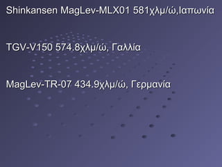 ShinkansenShinkansen MagLev-MLX01 581χλμMagLev-MLX01 581χλμ//ώ,Ιαπωνίαώ,Ιαπωνία
TGV-V150 574.8χλμ/ώ, ΓαλλίαTGV-V150 574.8χλμ/ώ, Γαλλία
ΜagLev-TR-07 434.9χλμ/ώ, ΓερμανίαΜagLev-TR-07 434.9χλμ/ώ, Γερμανία
 