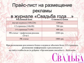 Прайс-лист на размещение
рекламы
в журнале «Свадьба года…»Рекламный блок Стоимость блока
внутри журнала (168х226) 1200грн.
1/2 страницы (146х98) 700 грн.
1/4 страницы(71х98) 400 грн.
PR статья + графическая реклама
(2стр.)
2200 грн.
PR статья 1800 грн.
При размещении рекламного блока в журнале объемом более 1/2 страницы,
размещение информации о рекламодателе
на сайте svadba.in.ua (в рубрике «Организация свадьбы») – бесплатно
 
