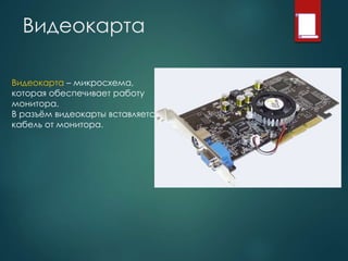 Видеокарта
Видеокарта – микросхема,
которая обеспечивает работу
монитора.
В разъём видеокарты вставляется
кабель от монитора.
 