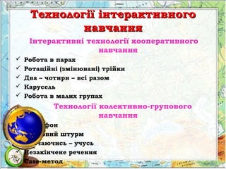 Технології інтерактивногоТехнології інтерактивного
навчаннянавчання
Інтерактивні технології кооперативного
навчання
 Робота в парах
 Ротаційні (змінювані) трійки
 Два – чотири – всі разом
 Карусель
 Робота в малих групах
Технології колективно-групового
навчання
 Мікрофон
 Мозковий штурм
 Навчаючись – учусь
 Незакінчене речення
 Case-метод
 