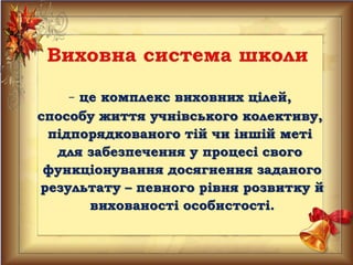 – це комплекс виховних цілей,
способу життя учнівського колективу,
підпорядкованого тій чи іншій меті
для забезпечення у процесі свого
функціонування досягнення заданого
результату – певного рівня розвитку й
вихованості особистості.
 