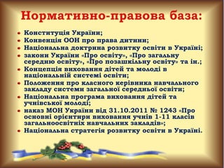 Конституція України;
Конвенція ООН про права дитини;
Національна доктрина розвитку освіти в Україні;
закони України «Про освіту», «Про загальну
середню освіту», «Про позашкільну освіту» та ін.;
Концепція виховання дітей та молоді в
національній системі освіти;
Положення про класного керівника навчального
закладу системи загальної середньої освіти;
Національна програма виховання дітей та
учнівської молоді;
наказ МОН України від 31.10.2011 № 1243 «Про
основні орієнтири виховання учнів 1-11 класів
загальноосвітніх навчальних закладів»;
Національна стратегія розвитку освіти в Україні.
 