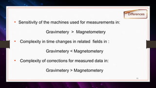 Differences
• Sensitivity of the machines used for measurements in:
Gravimetery > Magnetometery
• Complexity in time changes in related fields in :
Gravimetery < Magnetometery
• Complexity of corrections for measured data in:
Gravimetery > Magnetometery
11
 