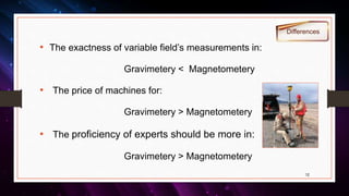 • The exactness of variable field’s measurements in:
Gravimetery < Magnetometery
• The price of machines for:
Gravimetery > Magnetometery
• The proficiency of experts should be more in:
Gravimetery > Magnetometery
Differences
12
 