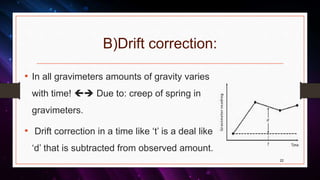 B)Drift correction:
• In all gravimeters amounts of gravity varies
with time!  Due to: creep of spring in
gravimeters.
• Drift correction in a time like ‘t’ is a deal like
‘d’ that is subtracted from observed amount.
22
 