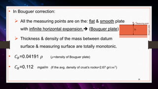 h
s Measuring point
Bouguerplate
• In Bouguer correction:
 All the measuring points are on the: flat & smooth plate
with infinite horizontal expansion. (Bouguer plate)
 Thickness & density of the mass between datum
surface & measuring surface are totally monotonic.
• 𝐶 𝐵=0.04191 𝜌 (𝜌=density of Bouguer plate)
• 𝐶 𝐵=0.112 mgal/m (if the avg. density of crust’s rocks=2.67 gr/ 𝑚 )
28
 