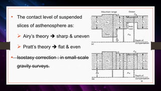 • The contact level of suspended
slices of asthenosphere as:
 Airy’s theory  sharp & uneven
 Pratt’s theory  flat & even
• Isostasy correction : in small-scale
gravity surveys.
36
 