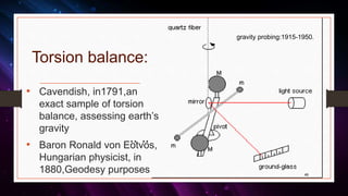Torsion balance:
• Cavendish, in1791,an
exact sample of torsion
balance, assessing earth’s
gravity
• Baron Ronald von Eotvos,
Hungarian physicist, in
1880,Geodesy purposes
.. ..
49
gravity probing:1915-1950.
 
