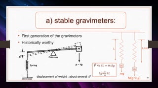 a) stable gravimeters:
• First generation of the gravimeters
• Historically worthy
51
m
m
mg
M(g+𝛿 𝑔)
L L+𝛿𝐿
F =k 𝛿𝐿 = m 𝛿𝑔
𝛿𝑔=
𝑘
𝑚
𝛿𝐿
displacement of weight : about several 𝐴0
 