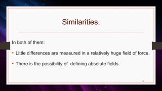 Similarities:
In both of them:
• Little differences are measured in a relatively huge field of force.
• There is the possibility of defining absolute fields.
9
 