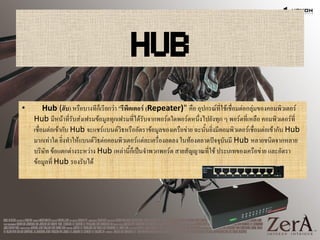 HUB
• Hub (ฮับ) หรือบางทีก็เรียกว่า "รีพีตเตอร์ (Repeater)" คือ อุปกรณ์ที่ใช้เชื่อมต่อกลุ่มของคอมพิวเตอร์
Hub มีหน้าที่รับส่งเฟรมข้อมูลทุกเฟรมที่ได้รับจากพอร์ตใดพอร์ตหนึ่งไปยังทุก ๆ พอร์ตที่เหลือ คอมพิวเตอร์ที่
เชื่อมต่อเข้ากับ Hub จะแชร์แบนด์วิธหรืออัตราข้อมูลของเครือข่าย ฉะนั้นยิ่งมีคอมพิวเตอร์เชื่อมต่อเข้ากับ Hub
มากเท่าใด ยิ่งทาให้แบนด์วิธต่อคอมพิวเตอร์แต่ละเครื่องลดลง ในท้องตลาดปัจจุบันมี Hub หลายชนิดจากหลาย
บริษัท ข้อแตกต่างระหว่าง Hub เหล่านี้ก็เป็นจาพวกพอร์ต สายสัญญาณที่ใช้ ประเภทของเครือข่าย และอัตรา
ข้อมูลที่ Hub รองรับได้
 