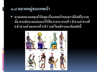 ๓.๗หมวดหมู่ของเทพเจ้า
 ตามจดหมายเหตุเฮโรโดตุส เรื่องเทพเจ้าของชาวอียิปต์โบราณ
นั้น พวกนักบวชแบ่งออกไว้เป็น 3 พวก พวกที่ 1 มี 8 องค์ พวกที่
2 มี 12 องค์ และพวกที่ 3 มี 7 องค์ โดยมีรายละเอียดดังนี้
 
