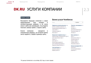 2.3УСЛУГИ КОМПАНИИ
*По данным liveinternet.ru на сентябрь 2013 года, по всем городам
Преимущества ИнструментыМероприятия ЗавестиУслуги
компании
Расскажите будущим клиентам о своих
предложениях. Они попадут в
соответствующую рубрику, и их легко
смогут найти все желающие. А вы будете
получать заказы прямо с нашего сайта.
Услуги компании находятся в
специальном разделе, на который можно
легко перейти с любой страницы сайта.
 
