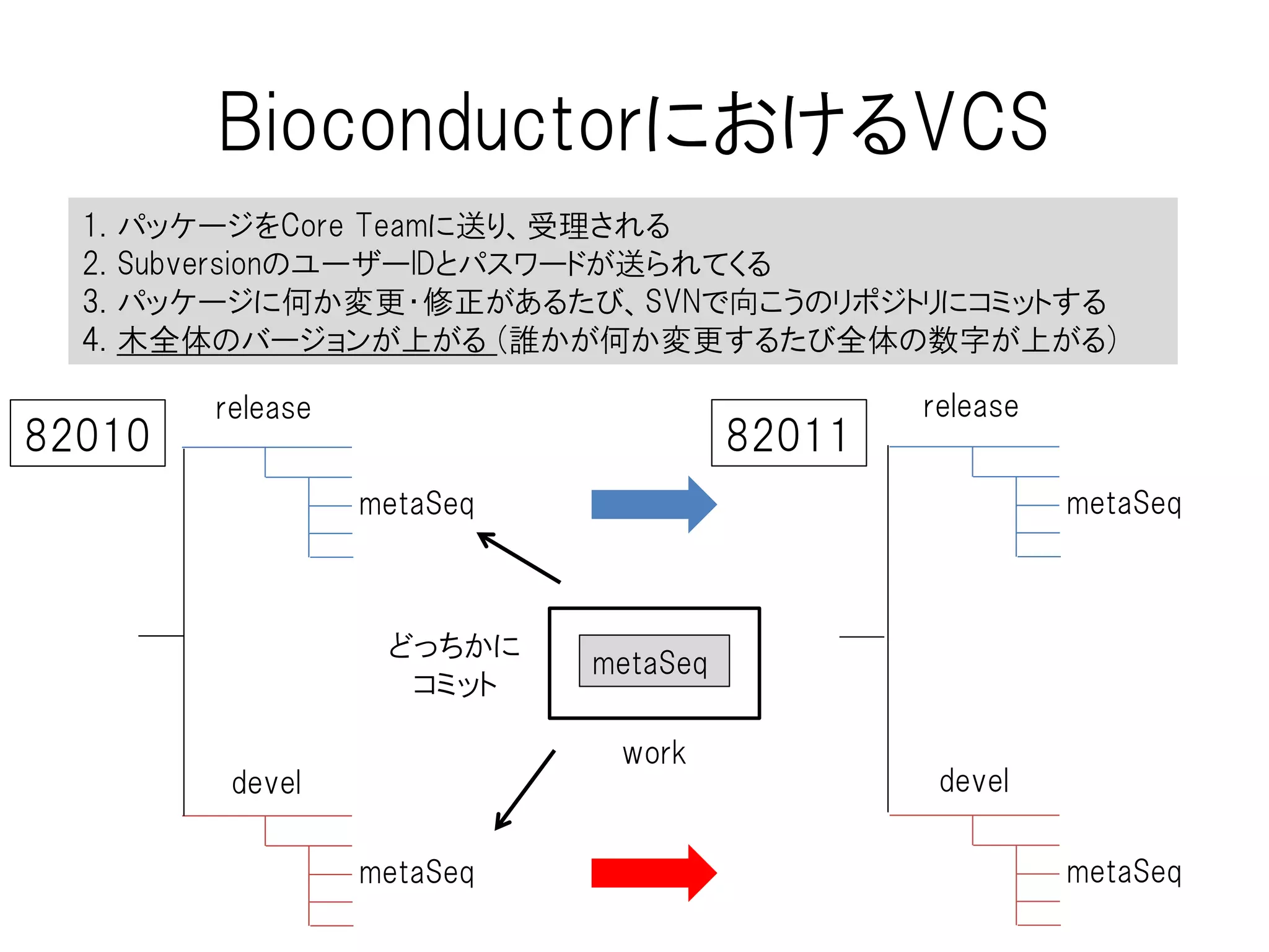 BioconductorにおけるVCS
Bioconductorのパッケージには“ソフトウェアパッケージ”と“実験データパッケージ”
があり、共に全パッケージをSVNでバージョン管理している
BioC2.14
リリース版
（release）
ビルド、チェック、バイナリ化
が正常に走るのかチェック
（一日１回ペースくらい？）
BioC3.0
開発者版
（devel）
 