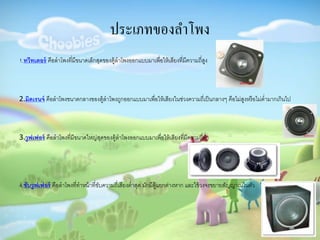 ประเภทของลำโพง
1.ทวีทเตอร์ คือลำโพงที่มีขนำดเล็กสุดของตู้ลำโพงออกแบบมำเพื่อให้เสียงที่มีควำมถี่สูง
2.มิดเรนจ์ คือลำโพงขนำดกลำงของตู้ลำโพงถูกออกแบบมำเพื่อให้เสียงในช่วงควำมถี่เป็นกลำงๆ คือไม่สูงหรือไม่ต่ำมำกเกินไป
3.วูฟเฟอร์ คือลำโพงที่มีขนำดใหญ่สุดของตู้ลำโพงออกแบบมำเพื่อให้เสียงที่มีควำมถี่ต่ำ
4.ซับวูฟเฟอร์ คือลำโพงที่ทำหน้ำที่ขับควำมถี่เสียงต่ำสุด มักมีตู้แยกต่ำงหำก และใช้วงจรขยำยสัญญำณในตัว
 