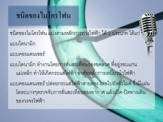 ชนิดของไมโครโฟน
ชนิดของไมโครโฟน แบ่งตามหลักการทางไฟฟ้า ได้ 2 ประเภท ได้แก่
แบบไดนามิก
แบบคอนเดนเซอร์
แบบไดนามิก ทางานโดยการสั่นสะเทือนของขดลวด ที่อยู่รอบแกน
แม่เหล็ก ทาให้เกิดกระแสไฟฟ้า อาศัยหลักการเหนี่ยวนาไฟฟ้า
แบบคอนเดนเซอร์ ปล่อยกระแสไฟฟ้าสายตรง ไหลไปยังตัวไมค์ ซึ่งมีแผ่น
โลหะบางๆตรวจจับการสั่นสะเทือนของอากาศ แล้วเปิด-ปิดทางเดิน
ของวงจรไฟฟ้า
 