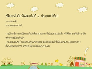 ชนิดของไมโครโฟนแบ่งได้ 2 ประเภท ได้แก่
1).แบบไดนามิก
2).แบบคอนเดนเซอร์
-แบบไดนามิก ทางานโดยการสั่นสะเทือนของขดลวด ที่อยู่รอบแกนแม่เหล็ก ทาให้เกิดกระแสไฟฟ้า อาศัย
หลักการเหนี่ยวนาไฟฟ้า
-แบบคอนเดนเซอร์ ปล่อยกระแสไฟฟ้าสายตรง ไหลไปยังตัวไมค์ ซึ่งมีแผ่นโลหะบางๆตรวจจับการ
สั่นสะเทือนของอากาศ แล้วเปิด-ปิดทางเดินของวงจรไฟฟ้า
 