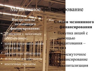 Мезанинное финансирование
Инструменты
мезонинного
финансирования:
• облигации с залоговым
обеспечением;
• конвентируемые в акции
облигации
• дисконтные облигации
• залоговые инструменты
• ипотечные кредиты.
Стадии мезонинного
финансирования
• Покупка акций с
помощью
кредитования –
LBO
• промежуточное
финансирование
• рекапитализация
 