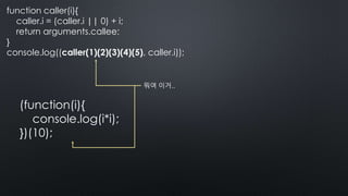 function caller(i){
caller.i = (caller.i || 0) + i;
return arguments.callee;
}
console.log((caller(1)(2)(3)(4)(5), caller.i));
뭐여 이거..
(function(i){
console.log(i*i);
})(10);
 