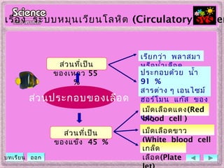 ส่วนที่เป็น
ของเหลว 55
%
ส่วนที่เป็น
ของแข็ง 45 %
เรียกว่า พลาสมา
หรือนำ้าเลือด
ประกอบด้วย นำ้า
91 %
สารต่าง ๆ เอนไซม์
ฮอร์โมน แก๊ส ของ
เสีย ได้แก่ ยูเรีย
CO2
เม็ดเลือดแดง(Red
blood cell )
เม็ดเลือดขาว
(White blood cell
)เกล็ด
เลือด(Plate
ส่วนประกอบของเลือด
เรื่อง ระบบหมุนเวียนโลหิต (Circulatory System
บทเรียน ออก
 