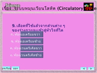 9. เลือดที่ใช้แล้วจากส่วนต่าง ๆ
ของร่างกายจะเข้าสู่หัวใจที่ใด
ข. ห้องเอเตรียมซ้าย
ค. ห้องเวนตริเคิลขวา
ง. ห้องเวนตริเคิลซ้าย
ก. ห้องเอเตรียมขวา
เรื่อง ระบบหมุนเวียนโลหิต (Circulatory System
บทเรียน ออก
 