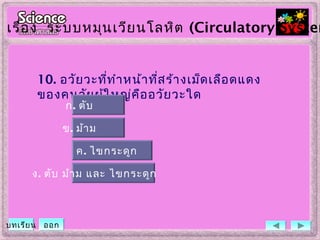 10. อวัยวะที่ทำาหน้าที่สร้างเม็ดเลือดแดง
ของคนวัยผู้ใหญ่คืออวัยวะใด
ข. ม้าม
ค. ไขกระดูก
ง. ตับ ม้าม และ ไขกระดูก
ก. ตับ
เรื่อง ระบบหมุนเวียนโลหิต (Circulatory System
บทเรียน ออก
 