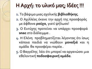 Η Αρχή: το υλικό μας; Ιδέες !!!Η Αρχή: το υλικό μας; Ιδέες !!!
1. Το βάψιμο μιας σχολικής βιβλιοθήκης.
2. Ο Αχιλλέας έκανε την αρχή της προσφοράς
με άφθονα ρούχα, γιατί ψήλωσε!
3. Ο Ευτύχης προτείνει να υπάρχει προσφορά
snac στο διάλειμμα .
4. Η Ελένη προβληματίζεται λέγοντας ότι ίσως
κάποια παιδιά να νιώθουν μοναξιά και η
ομάδα θα προσφέρει παρέα .
5. Ο Βαγγέλης λέει ότι μπορεί να οργανώσει μια
εθελοντική ποδοσφαιρική ομάδα.
 