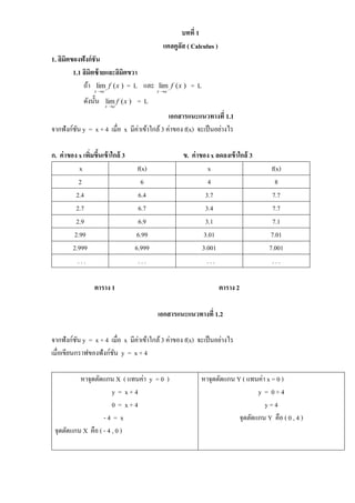 บทที่ 1
แคลคูลัส ( Calculus )
1. ลิมิตของฟังก์ชัน
1.1 ลิมิตซ้ายและลิมิตขวา
ถ้า )(lim xf
ax 

= L และ )(lim xf
ax 

= L
ดังนั้น )(lim xf
ax 
= L
เอกสารแนะแนวทางที่ 1.1
จากฟังก์ชัน y = x + 4 เมื่อ x มีค่าเข้าใกล้3 ค่าของ f(x) จะเป็นอย่างไร
ก. ค่าของ x เพิ่มขึ้นเข้าใกล้ 3 ข. ค่าของ x ลดลงเข้าใกล้ 3
x f(x) x f(x)
2 6 4 8
2.4 6.4 3.7 7.7
2.7 6.7 3.4 7.7
2.9 6.9 3.1 7.1
2.99 6.99 3.01 7.01
2.999 6.999 3.001 7.001
. . . . . . . . . . . .
ตาราง 1 ตาราง 2
เอกสารแนะแนวทางที่ 1.2
จากฟังก์ชัน y = x + 4 เมื่อ x มีค่าเข้าใกล้3 ค่าของ f(x) จะเป็นอย่างไร
เมื่อเขียนกราฟของฟังก์ชัน y = x + 4
หาจุดตัดแกน X ( แทนค่า y = 0 )
y = x + 4
0 = x + 4
- 4 = x
จุดตัดแกน X คือ ( - 4 , 0 )
หาจุดตัดแกน Y ( แทนค่า x = 0 )
y = 0 + 4
y = 4
จุดตัดแกน Y คือ ( 0 , 4 )
 