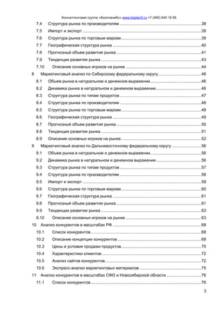 Консалтинговая группа «БизпланиКо» www.bizplan5.ru +7 (495) 645 18 95
3
7.4 Структура рынка по производителям ......................................................................38
7.5 Импорт и экспорт ......................................................................................................39
7.6 Структура рынка по торговым маркам.....................................................................39
7.7 Географическая структура рынка ............................................................................40
7.8 Прогнозный объем развития рынка .........................................................................41
7.9 Тенденции развития рынка ......................................................................................43
7.10 Описание основных игроков на рынке .................................................................44
8 Маркетинговый анализ по Сибирскому федеральному округу.....................................46
8.1 Объем рынка в натуральном и денежном выражении............................................46
8.2 Динамика рынка в натуральном и денежном выражении.......................................46
8.3 Структура рынка по типам продуктов ......................................................................47
8.4 Структура рынка по производителям ......................................................................48
8.5 Структура рынка по торговым маркам.....................................................................48
8.6 Географическая структура рынка ............................................................................49
8.7 Прогнозный объем развития рынка .........................................................................50
8.8 Тенденции развития рынка ......................................................................................51
8.9 Описание основных игроков на рынке.....................................................................52
9 Маркетинговый анализ по Дальневосточному федеральному округу .........................56
9.1 Объем рынка в натуральном и денежном выражении............................................56
9.2 Динамика рынка в натуральном и денежном выражении.......................................56
9.3 Структура рынка по типам продуктов ......................................................................57
9.4 Структура рынка по производителям ......................................................................58
9.5 Импорт и экспорт ......................................................................................................58
9.6 Структура рынка по торговым маркам.....................................................................60
9.7 Географическая структура рынка ............................................................................61
9.8 Прогнозный объем развития рынка .........................................................................61
9.9 Тенденции развития рынка ......................................................................................63
9.10 Описание основных игроков на рынке .................................................................63
10 Анализ конкурентов в масштабах РФ ............................................................................68
10.1 Список конкурентов...............................................................................................68
10.2 Описание концепции конкурентов ........................................................................68
10.3 Цены и условия продажи продуктов.....................................................................70
10.4 Характеристики клиентов......................................................................................72
10.5 Анализ сайтов конкурентов...................................................................................72
10.6 Экспресс-анализ маркетинговых материалов .....................................................75
11 Анализ конкурентов в масштабах СФО и Новосибирской области..............................76
11.1 Список конкурентов...............................................................................................76
 