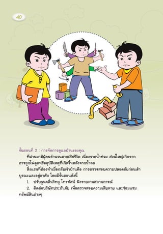 ¢Ñé¹μÍ¹·Õè 2 : ¡ÒÃ¨Ñ´¡ÒÃ´ÙáÅºŒÒ¹¢Í§¤Ø³
·Õè¼‹Ò¹ÁÒÁÕ¼ÙŒ¤¹¨Ó¹Ç¹ÁÒ¡àÊÕÂªÕÇÔμ à¹×èÍ§¨Ò¡¹éÓ·‹ÇÁ Ê‹Ç¹ãËÞ‹à¡Ô´¨Ò¡
¡ÒÃ¶Ù¡ä¿´Ù´ËÃ×ÍÍØºÑμÔàËμØ·Õèà¡Ô´¢Öé¹ËÅÑ§¨Ò¡¹éÓÅ´
ÊÔè§áÃ¡·ÕèμŒÍ§·ÓàÁ×èÍ¡ÅÑºà¢ŒÒºŒÒ¹¤×Í ¡ÒÃμÃÇ¨ÊÍº¤ÇÒÁ»ÅÍ´ÀÑÂ¡‹Í¹à¢ŒÒ
ºÙÃ³ÐáÅÐÍÂÙ‹ÍÒÈÑÂ â´ÂÁÕ¢Ñé¹μÍ¹´Ñ§¹Õé
1. »ÃÑº¨Ù¹¤Å×è¹ÇÔ·ÂØ â·Ã·ÑÈ¹ ¿˜§ÃÒÂ§Ò¹Ê¶Ò¹¡ÒÃ³
2. μÔ´μ‹ÍºÃÔÉÑ·»ÃÐ¡Ñ¹ÀÑÂ à¾×èÍμÃÇ¨ÊÍº¤ÇÒÁàÊÕÂËÒÂ áÅÐ«‹ÍÁá«Á
·ÃÑ¾ÂÊÔ¹μ‹Ò§æ
40
 