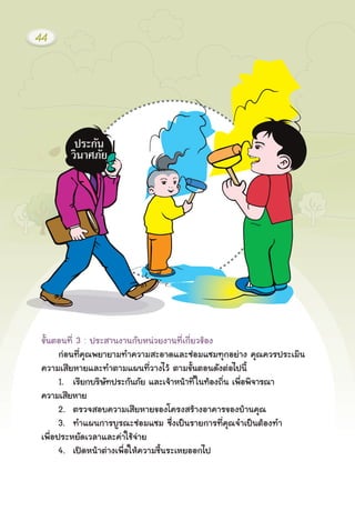 ¢Ñé¹μÍ¹·Õè 3 : »ÃÐÊÒ¹§Ò¹¡ÑºË¹‹ÇÂ§Ò¹·Õèà¡ÕèÂÇ¢ŒÍ§
¡‹Í¹·Õè¤Ø³¾ÂÒÂÒÁ·Ó¤ÇÒÁÊÐÍÒ´áÅÐ«‹ÍÁá«Á·Ø¡ÍÂ‹Ò§ ¤Ø³¤ÇÃ»ÃÐàÁÔ¹
¤ÇÒÁàÊÕÂËÒÂáÅÐ·ÓμÒÁá¼¹·ÕèÇÒ§äÇŒ μÒÁ¢Ñé¹μÍ¹´Ñ§μ‹Íä»¹Õé
1. àÃÕÂ¡ºÃÔÉÑ·»ÃÐ¡Ñ¹ÀÑÂ áÅÐà¨ŒÒË¹ŒÒ·Õèã¹·ŒÍ§¶Ôè¹ à¾×èÍ¾Ô¨ÒÃ³Ò
¤ÇÒÁàÊÕÂËÒÂ
2. μÃÇ¨ÊÍº¤ÇÒÁàÊÕÂËÒÂ¢Í§â¤Ã§ÊÃŒÒ§ÍÒ¤ÒÃ¢Í§ºŒÒ¹¤Ø³
3. ·Óá¼¹¡ÒÃºÙÃ³Ð«‹ÍÁá«Á «Öè§à»š¹ÃÒÂ¡ÒÃ·Õè¤Ø³¨Óà»š¹μŒÍ§·Ó
à¾×èÍ»ÃÐËÂÑ´àÇÅÒáÅÐ¤‹ÒãªŒ¨‹ÒÂ
4. à»´Ë¹ŒÒμ‹Ò§à¾×èÍãËŒ¤ÇÒÁª×é¹ÃÐàËÂÍÍ¡ä»
44
 