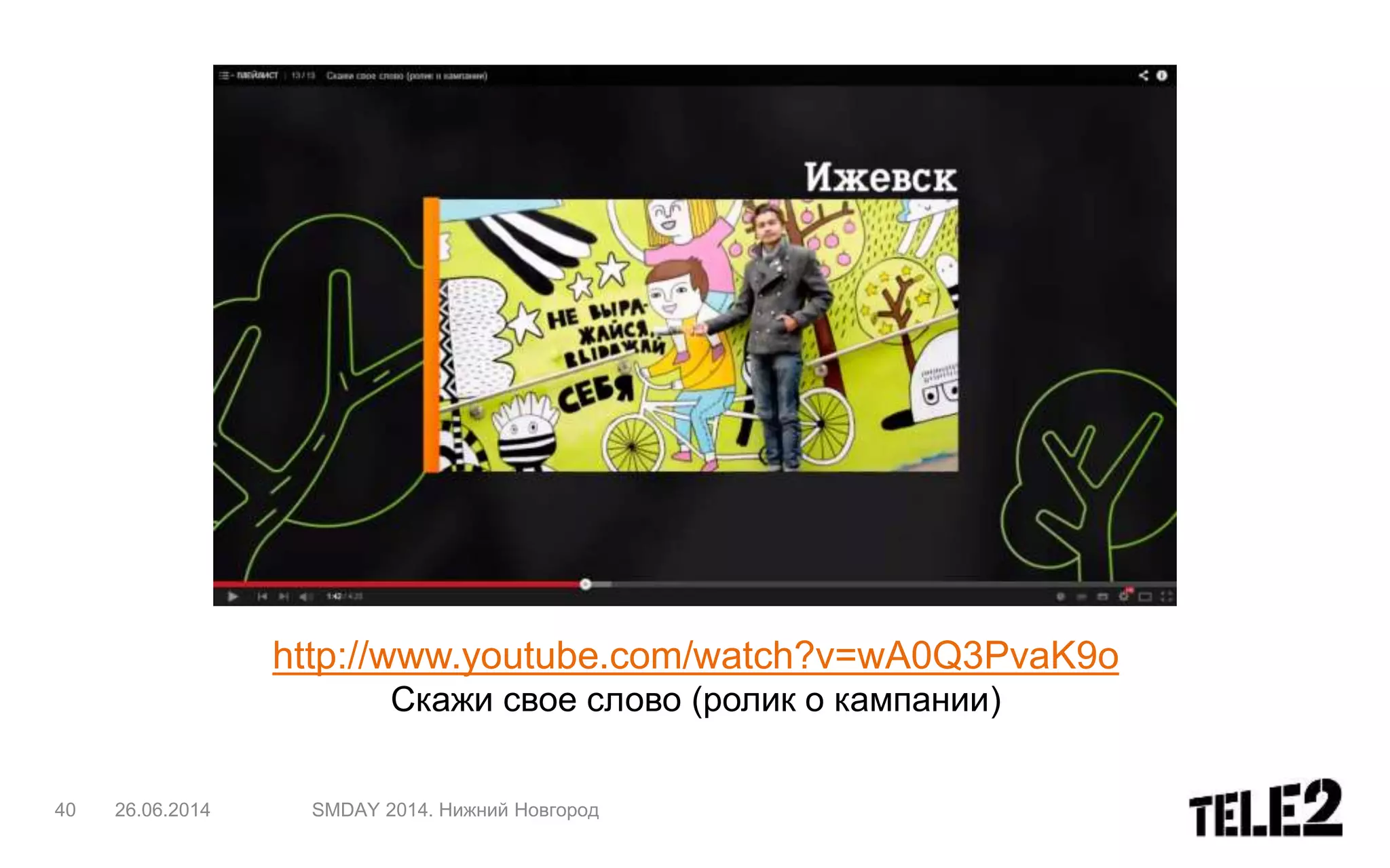 http://www.youtube.com/watch?v=wA0Q3PvaK9o
Скажи свое слово (ролик о кампании)
40 26.06.2014 SMDAY 2014. Нижний Новгород
 