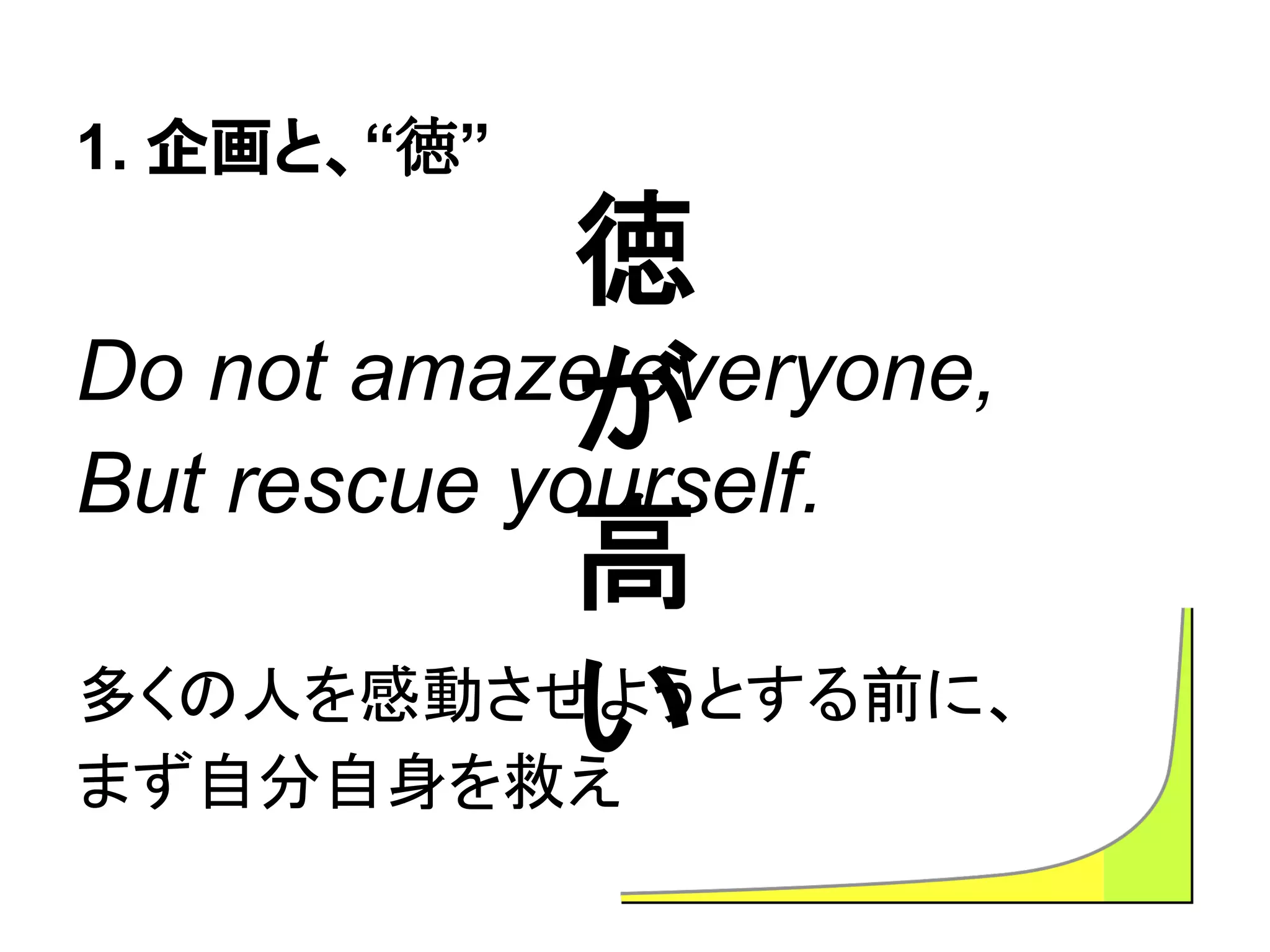 1. 企画と、“徳”
Do not amaze everyone,
But rescue yourself.
多くの人を感動させようとする前に、
まず自分自身を救え
徳
が
高
い
 