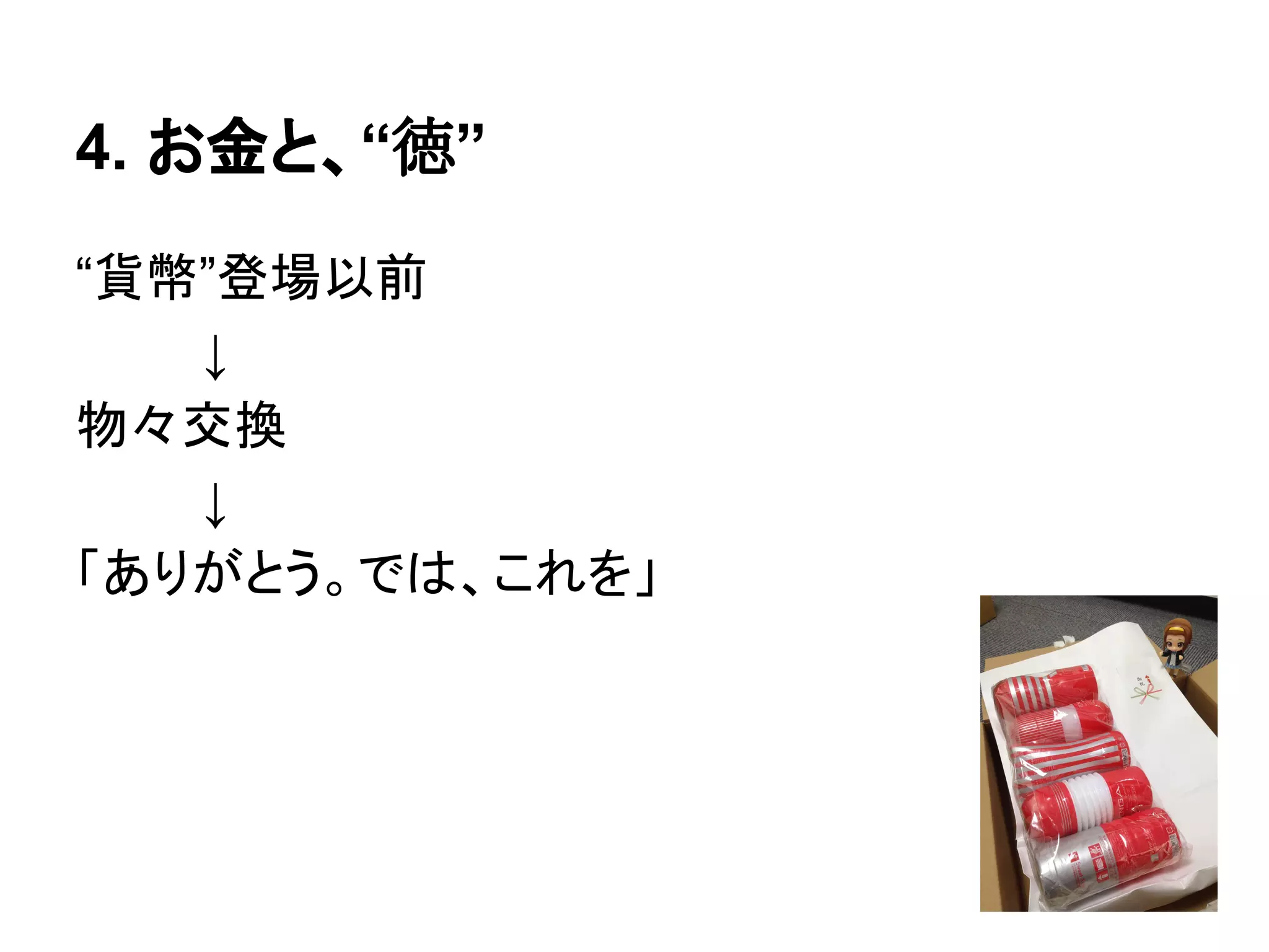 4. お金と、“徳”
“貨幣”登場以前
↓
物々交換
↓
「ありがとう。では、これを」
 