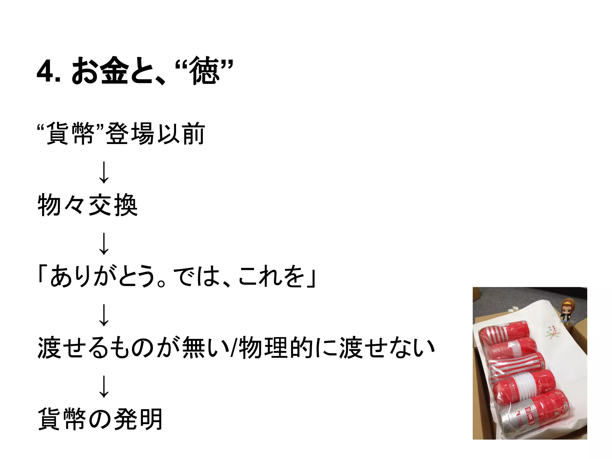 4. お金と、“徳”
“貨幣”登場以前
↓
物々交換
↓
「ありがとう。では、これを」
↓
渡せるものが無い/物理的に渡せない
↓
貨幣の発明
 