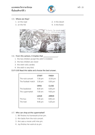 แบบทดสอบวิชาภาษาอังกฤษ หน้า 25
ชั้นมัธยมศึกษาปีที่ 3
___________________________________________________________________________
115. Where are they?
1. on the road 2. in the desert
3. on the hill 4. in the forest
116. From this cartoon, it implies that _______________.
1. the two children accept the witch’s invitation
2. the two children are clever
3. the witch sells candies
4. the witch is very kind
(117-119) Read this table and choose the best answer.
117. Who can shop at the supermarket?
1. Bill finishes his homework at ten pm.
2. Kim backs from the rock concert.
3. Ann sees a movie until nine pm.
4. Joy finishes her work at six pm.
START FINISH
The rock concert 7.30 pm 10.30 pm
The football match 3.30 pm 5.00 pm
OPEN CLOSE
The bookstore 8.00 am 6.00 pm
The supermarket 7.00 am 9.00 pm
LEAVE ARRIVE
The bus 7.45 am 8.40 am
The train 4.40 pm 5.20 pm
 
